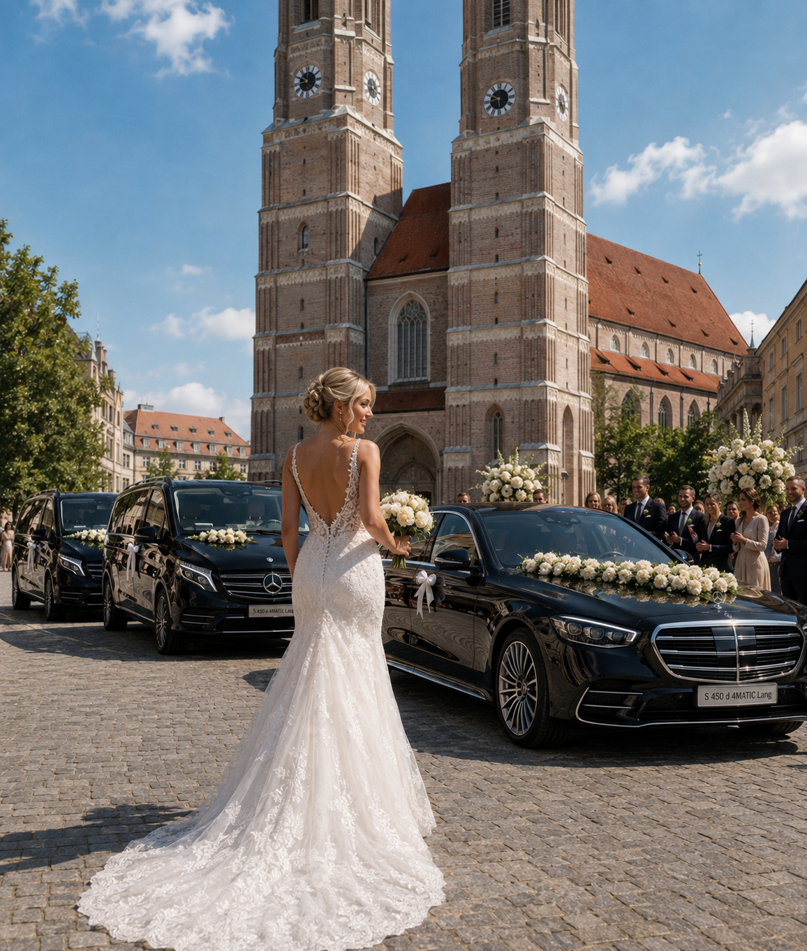Brautpaar am Hochzeitstag neben der Mercedes-Benz S-Klasse von Xceed Concierge Services