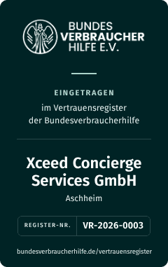 Siegel: Eingetragen im Vertrauensregister der Bundesverbraucherhilfe, Xceed Concierge Services GmbH, Register-Nr. VR-2026-0003