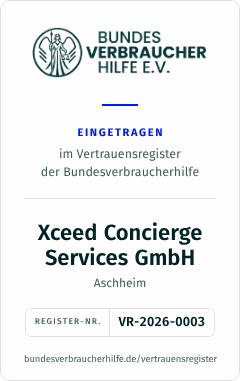 Siegel: Eingetragen im Vertrauensregister der Bundesverbraucherhilfe, Xceed Concierge Services GmbH, Register-Nr. VR-2026-0003
